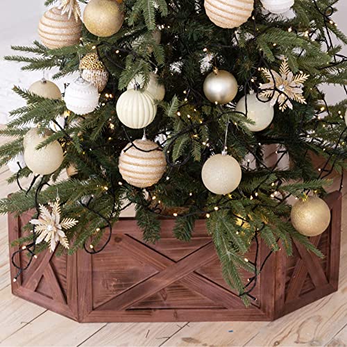 Hallops Wooden Tree Collar Box Christmas Tree Box Stand Farmhouse Rustic Decor Brown