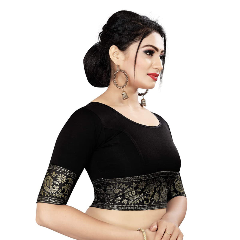 Ethnic Asia Elbow Sleeve Simple Ready to Wear Indian Top Saree Blouse Black