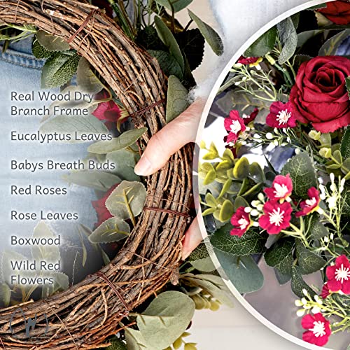 WILDIVORY 20 Inch Eucalyptus Wreath with Red Roses