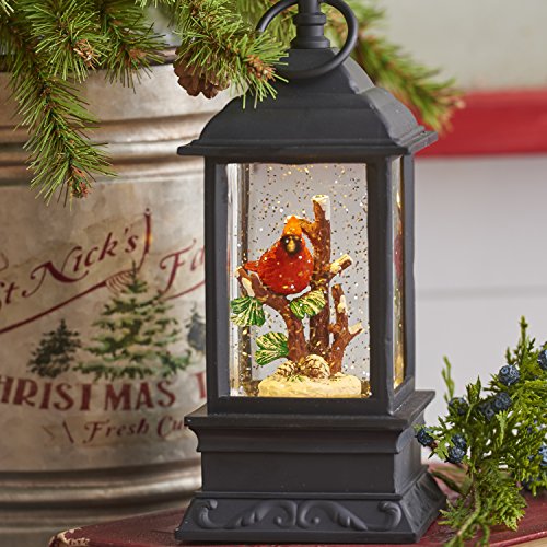 Lighted Snow Globe Lantern 9.5 Inch Black Holiday Water Cardinal