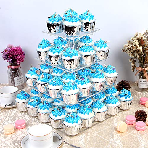 Vdomus Cupcake Holder 4 Tier Acrylic Cupcake Stand Display Stand with Blue LED String Lights Dssert Stand Tower for Birthday/Wedding/Babyshower Party. Blue