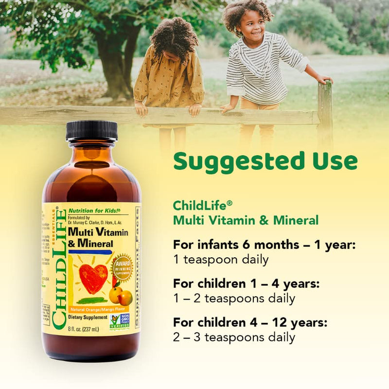 CHILDLIFE ESSENTIALS, Kids Liquid Multivitamin and Mineral Supplement - Liquid Vitamins for Kids, All-Natural, Gluten-Free, Non-GMO - Natural Orange & Mango Flavor, 8 Ounce Bottle