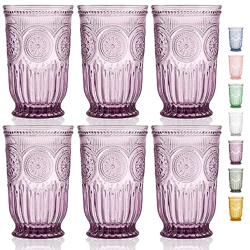 Purple Highball Glasses Set of 6 Tall Purple Drinking Glasses With Unique Vintage Design