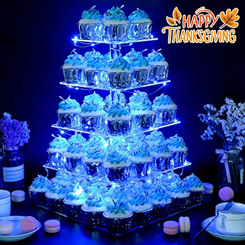 Vdomus 5 Tier Acrylic Cupcake Display Stand with Blue LED String Lights Dessert Tree Tower Cupcake Tower Cupcake Stand Display Set for Christmas Birthday/Wedding Party Blue
