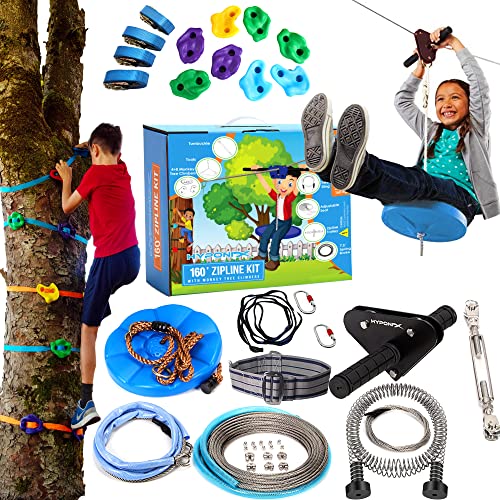 Hyponix Zip Lines for Kids and Adults Outdoor up to 350 Lbs - 160 ft - 100% Rust Proof W/Safety Harness Zip Line Kit | Zipline for Backyard Kids and Adults | Zipline Kits for Backyard