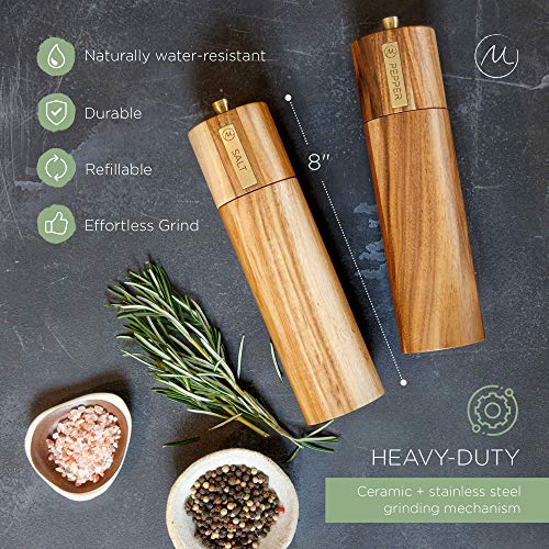 Wooden Salt and Pepper Grinder Set, Sustainable Acacia Wood, 8" - Elegant Pepper and Salt Grinder Set for Seasoning, Cooking, Dining - Perfect Salt and Pepper Mill, Salt and Pepper Grinders Refillable
