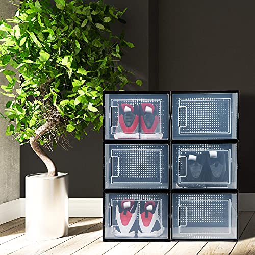 Shoepreem BLACK XL 6 pack - 14.6 Inches Long for BIG Shoes & Sneakers, Shoe Storage Organizer, Shoe Storage Boxes, Shoe Box Clear Plastic Stackable, Shoe Containers, Shoe Organizer for Closet