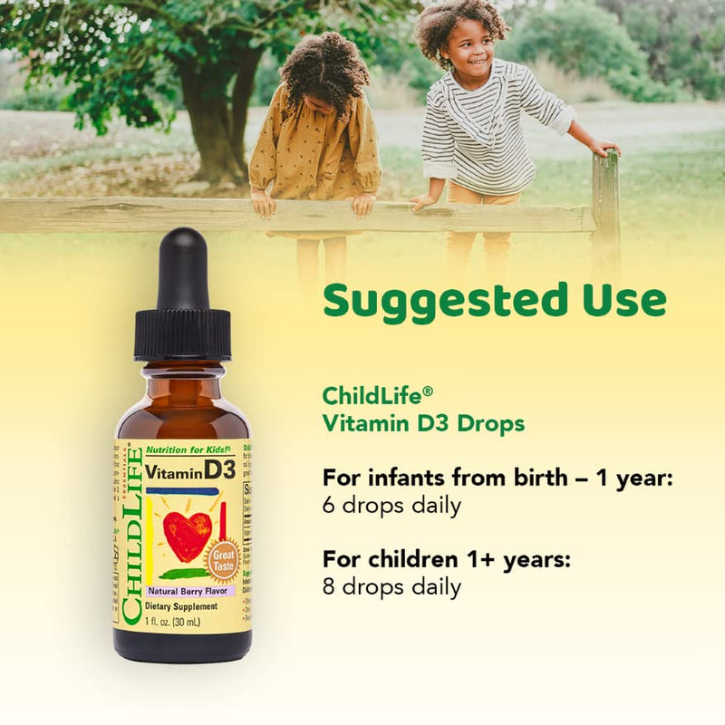 ChildLife Essentials Vitamin D3 - Vitamin D Drops for Kids, Supports Immune, Respiratory, Heart, & Bone Health, All-Natural, Gluten-Free, Non-GMO, 500 IU (12.5 mg) - Natural Berry Flavor, 1 Fl. Oz Bottle