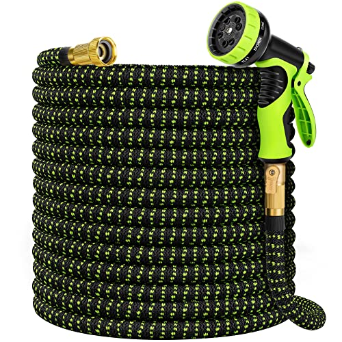 Garden Hose, Expandable Garden Hose 100 ft Water Hose with 10 Function Hose Nozzle, Flexible Garden Hose with Brass Fittings, Lightweight No-Kink Hose Pipe for Yard Car Wash (Green Black)