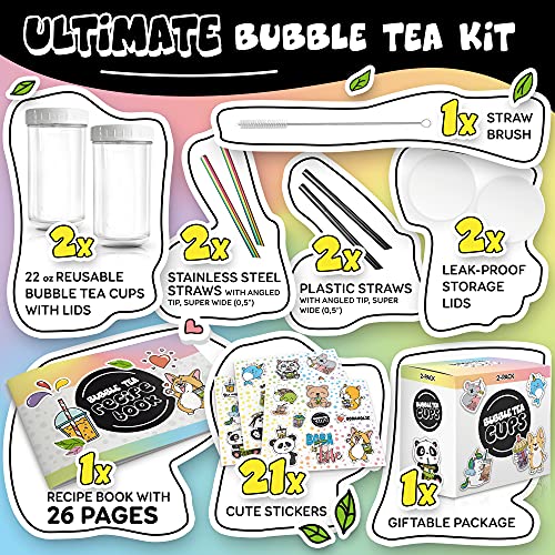 2 Pack Reusable Bubble Tea Cup Set 22oz Milk Tea & Smoothie