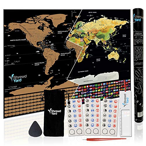 ShrewdYard Large Scratch Off Map Of The World With Scratchable US States And Country Flags, Black And Gold, 33x24 Inches