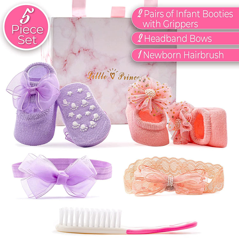 Baby Girl HairBrush Set with Headbands Infant Booties Bows 5 pcs Purple Pink