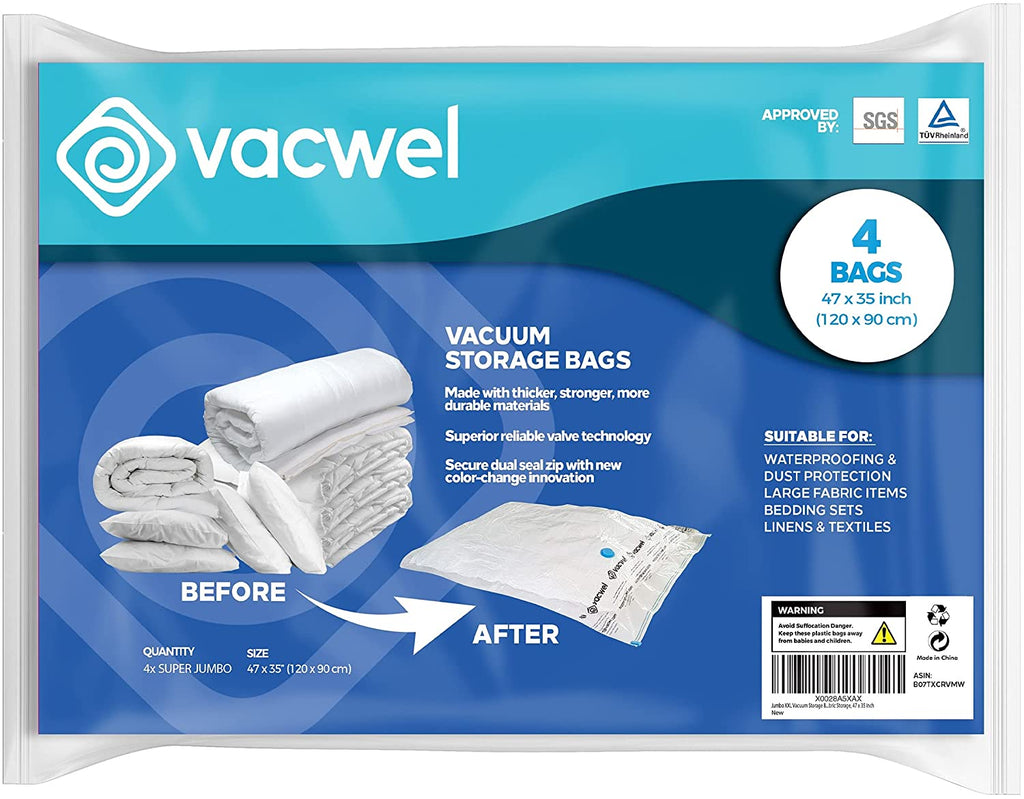 Vacwel Jumbo Vacuum Storage Bags for Clothes, Quilts, Pillows, Space Saver