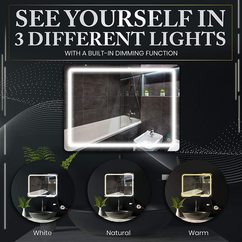 36x28 LED Bathroom Mirror Anti Fog Vanity 3 Light Settings