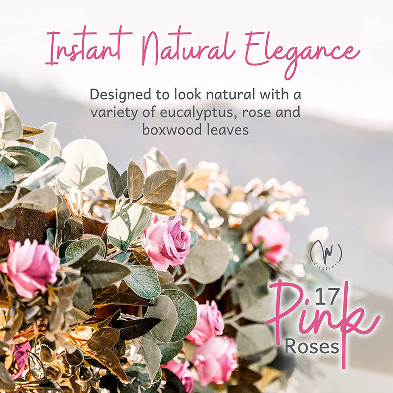 Guirnalda de eucaliptos con flores 17 rosas rosa claro