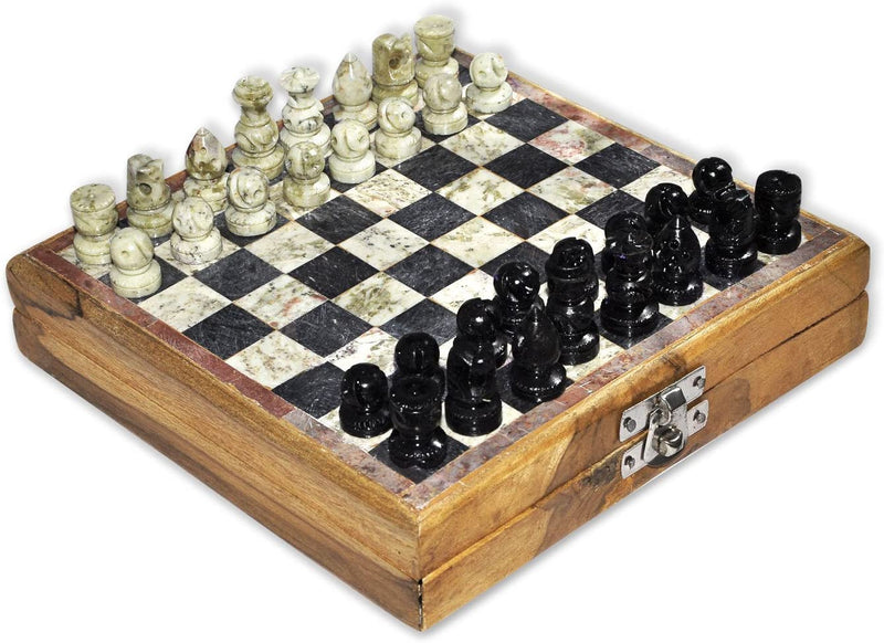 StonKraft 8X8 Inch Chess Board with Wooden Base with Stone Inlaid Stone Pieces
