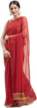 CRAFTSTRIBE Chiffon Indian Women's Party wear Red Solid Saree with Unstitched