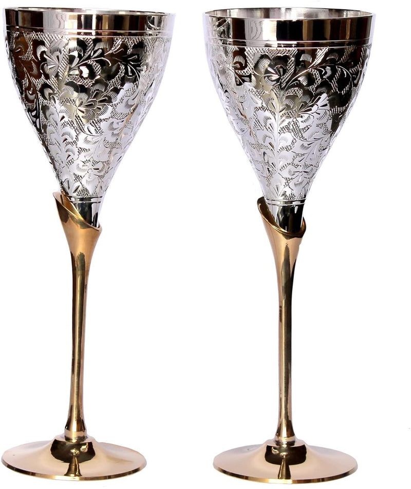 Stonkraft Engraved Brass Goblet Champagne Glasses 2.5 in X 9 in Thick Silver