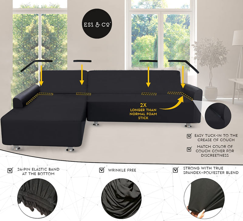2 pcs Stretch L Shape Couch Cover with 2 Pillowcases, Left-Type, Black