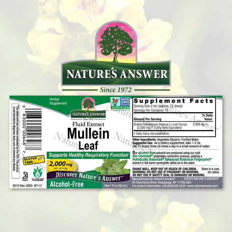 Nature's Answer Alcohol Free Mullein Leaf Extract 1oz Respiratory Function