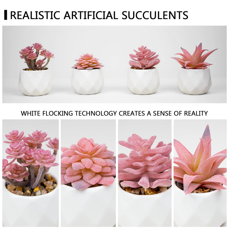 VIVERIE Mini Succulents Plants Artificial in Pots-Rose Pink, Small Fake Succulents Plants for Home Decor Indoor for Women, White Ceramic, Set of 4