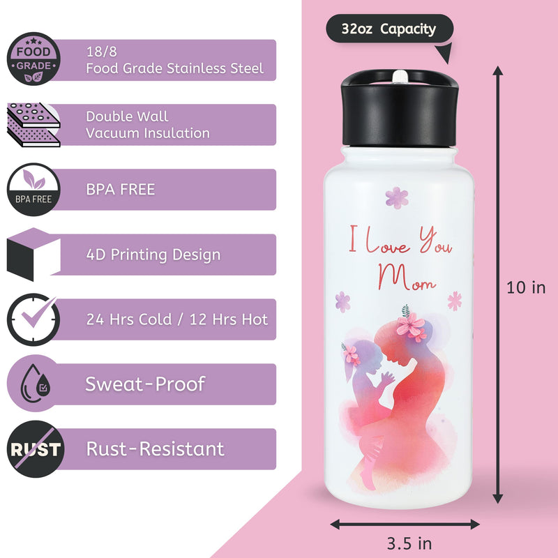 Gifts For Mom From Daughter, 32 Oz Insulated Water Bottle With Two Lids, Mom Birthday Gifts From Daughter, Birthday Gifts For Mom, Mom Gifts From Daughters, Mother Daughter Gift,