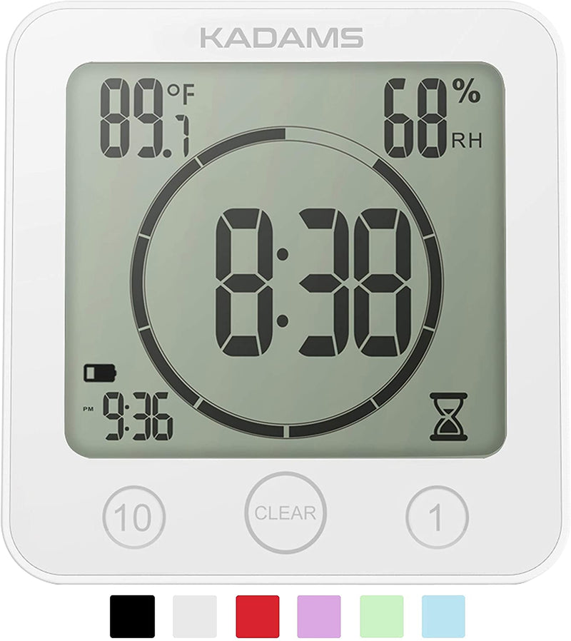 Digital Bathroom Shower Kitchen Clock Timer with Alarm, Waterproof-White