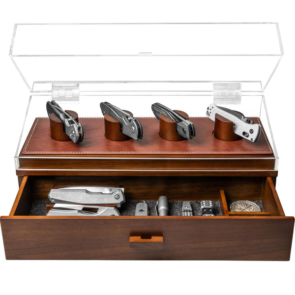 Holme & Hadfield Knife Display Case Wooden Holder 6 Knives Leather Lining Drawer