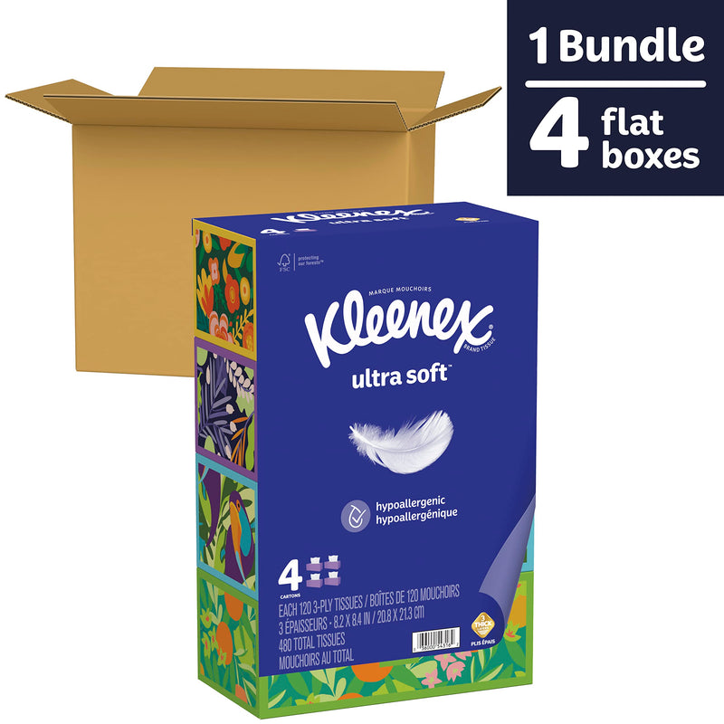 Kleenex Ultra Soft Facial Tissues, 4 Flat Boxes, 120 Tissues per Box, 3-Ply (480 Total Tissues), Packaging May Vary