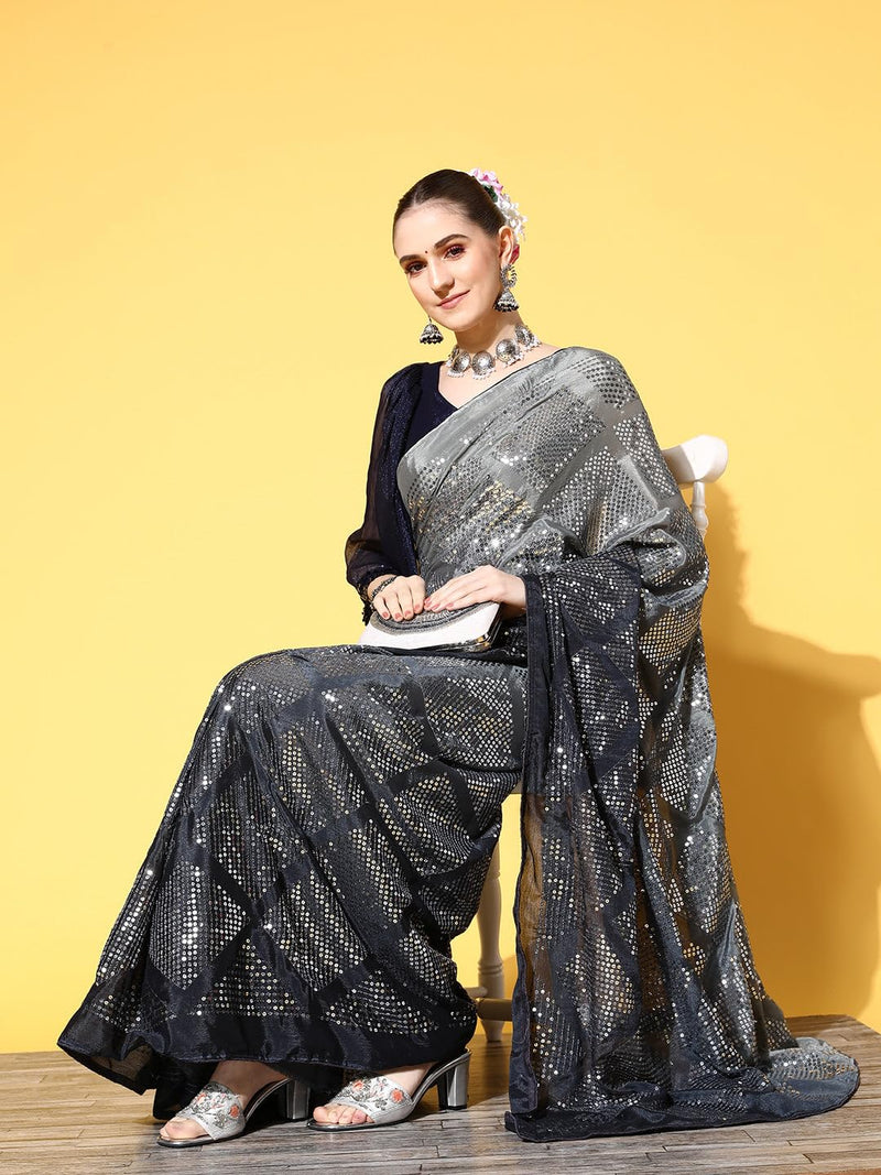 Craftstribe Grey Polyester Sequence Saree With Unstitched Blouse