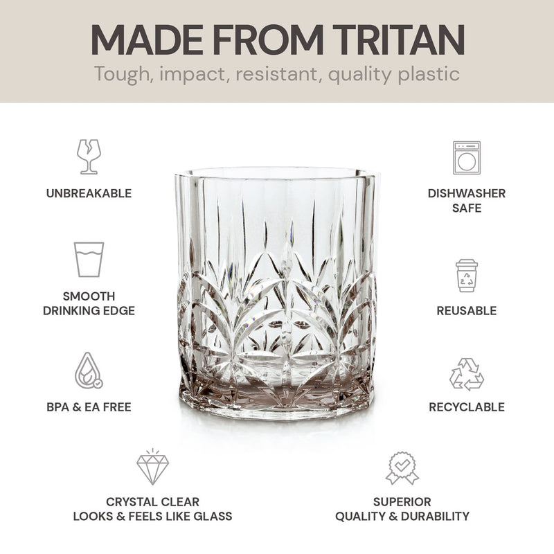 BELLAFORTE Shatterproof Tritan Plastic Short Tumbler, Set of 4, 13oz - Myrtle Beach Unbreakable Crystal Cut Old Fashioned Drinking Glasses for Whiskey - BPA Free - Dishwasher Safe - Grey