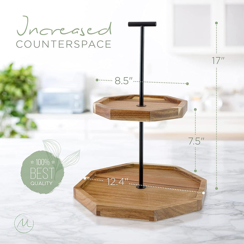 2 Tiered Tray Stand Sustainable Acacia Wood Two Tiered Kitchen Food Cupcake Display