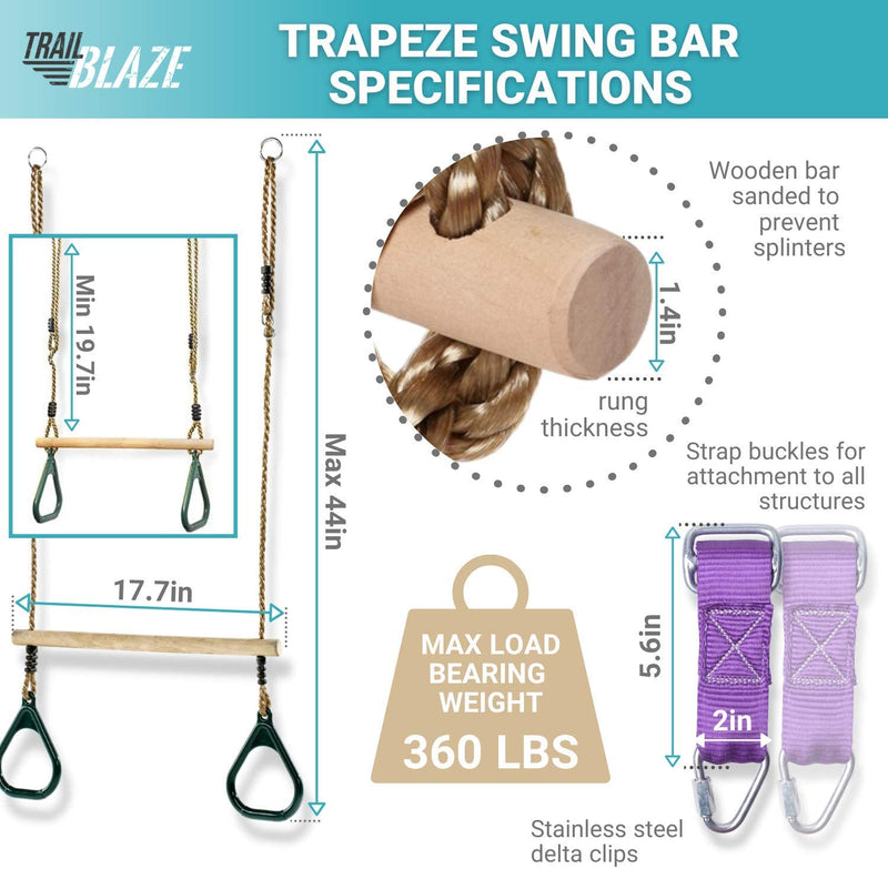 Trapeze Swing Bar Rings Wooden Bars 2 Buckle Hanging Straps
