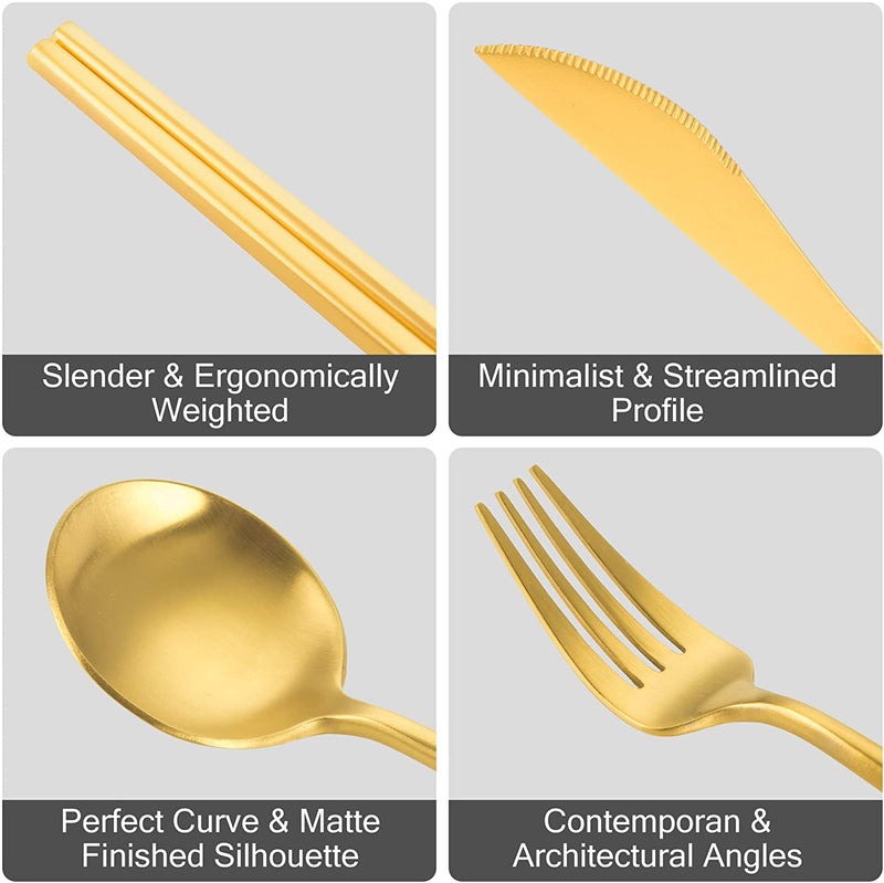 Gold Silverware Set Stainless Steel 16 piece Fork Spoon Knife Chopsticks Set