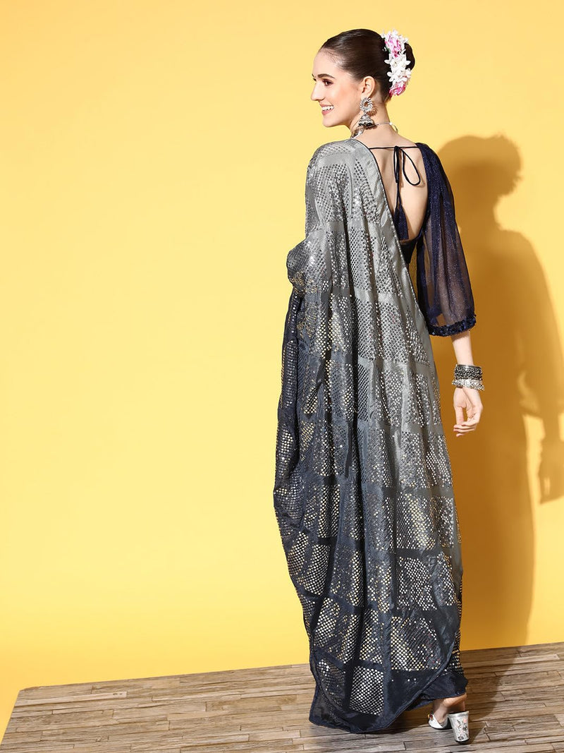 Craftstribe Grey Polyester Sequence Saree With Unstitched Blouse