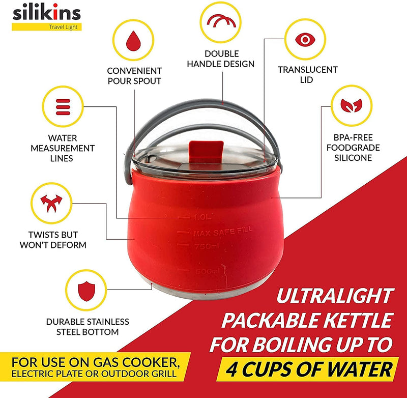 Collapsible Pot Camping Kettle 1.1 Liter - with Lid Red