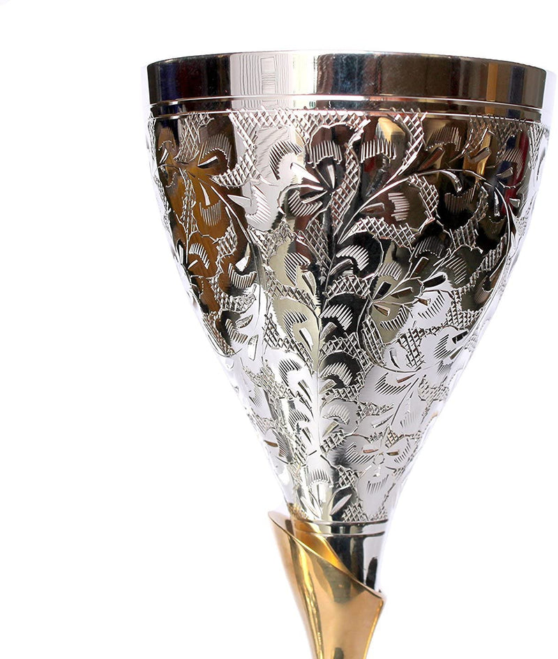 Stonkraft Engraved Brass Goblet Champagne Glasses 2.5 in X 9 in Thick Silver