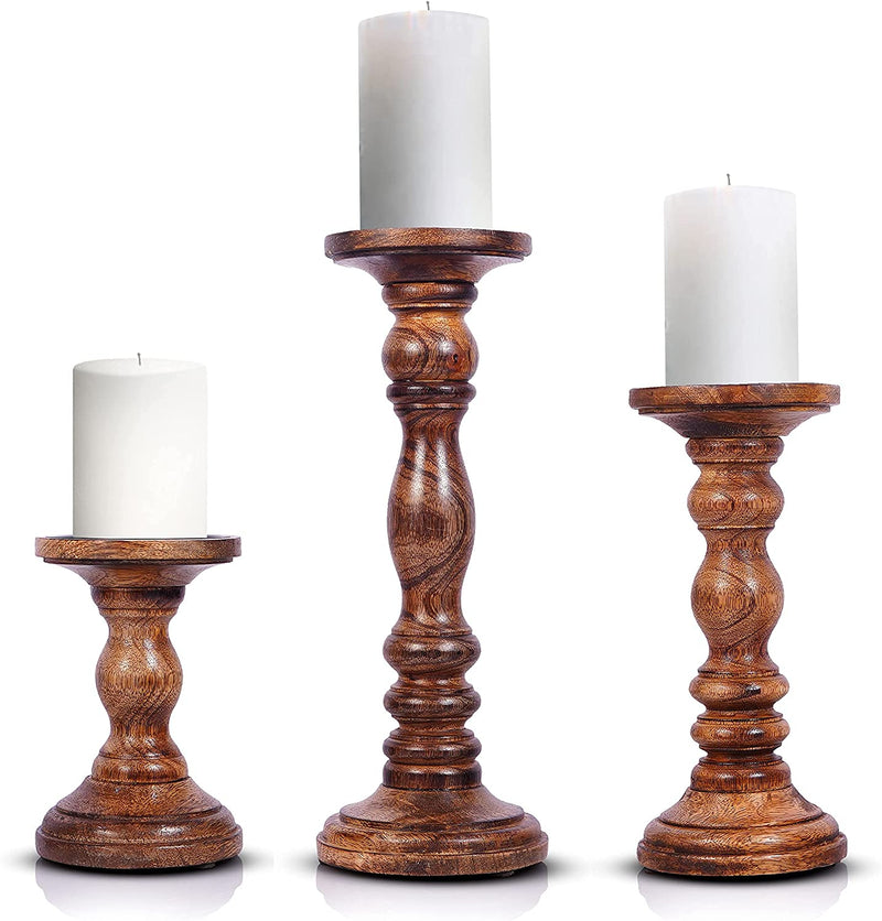 Rustic White Pillar Candle Holders Hand Carved Mango Wood