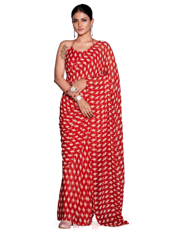 Craftstribe Red Poly Georgette Printed Ready to Wear Saree Unstitched Blouse