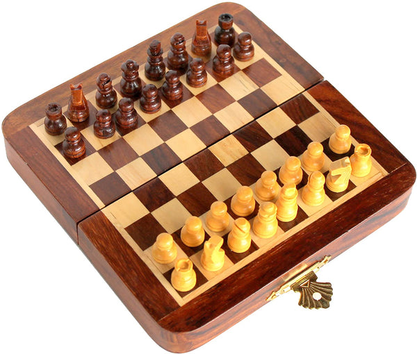 Acacia Wood Foldable Magnetic Chess Game Board with Storage Slots 7 Inch