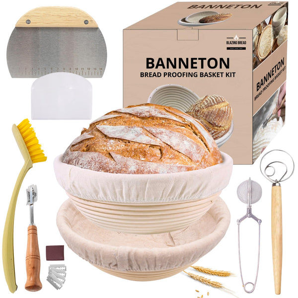 TRAILBLAZE Banneton Bread Proofing Basket Set of 2 - Sourdough Bread Baking Supplies Bread Lame, Dough Whisk, Scraper, Flour Duster (2x Round Basket Kit)