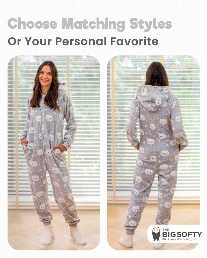 The Big Softy Womens Matching Onesies Graphic Print Soft Fleece Pjs Grey Clouds