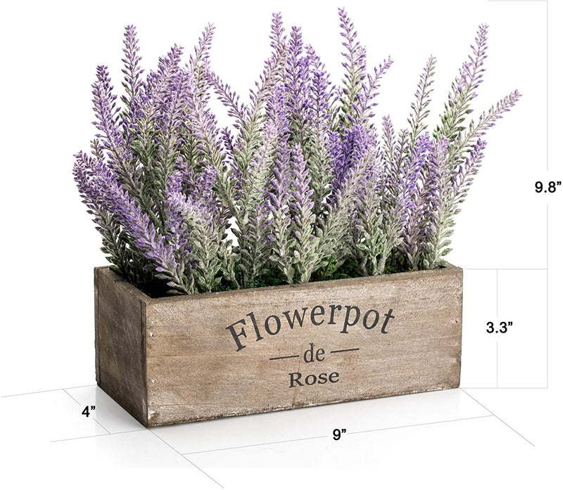 Artificial Fake Flower Potted Lavender Plant with Wooden Tray 14 in long