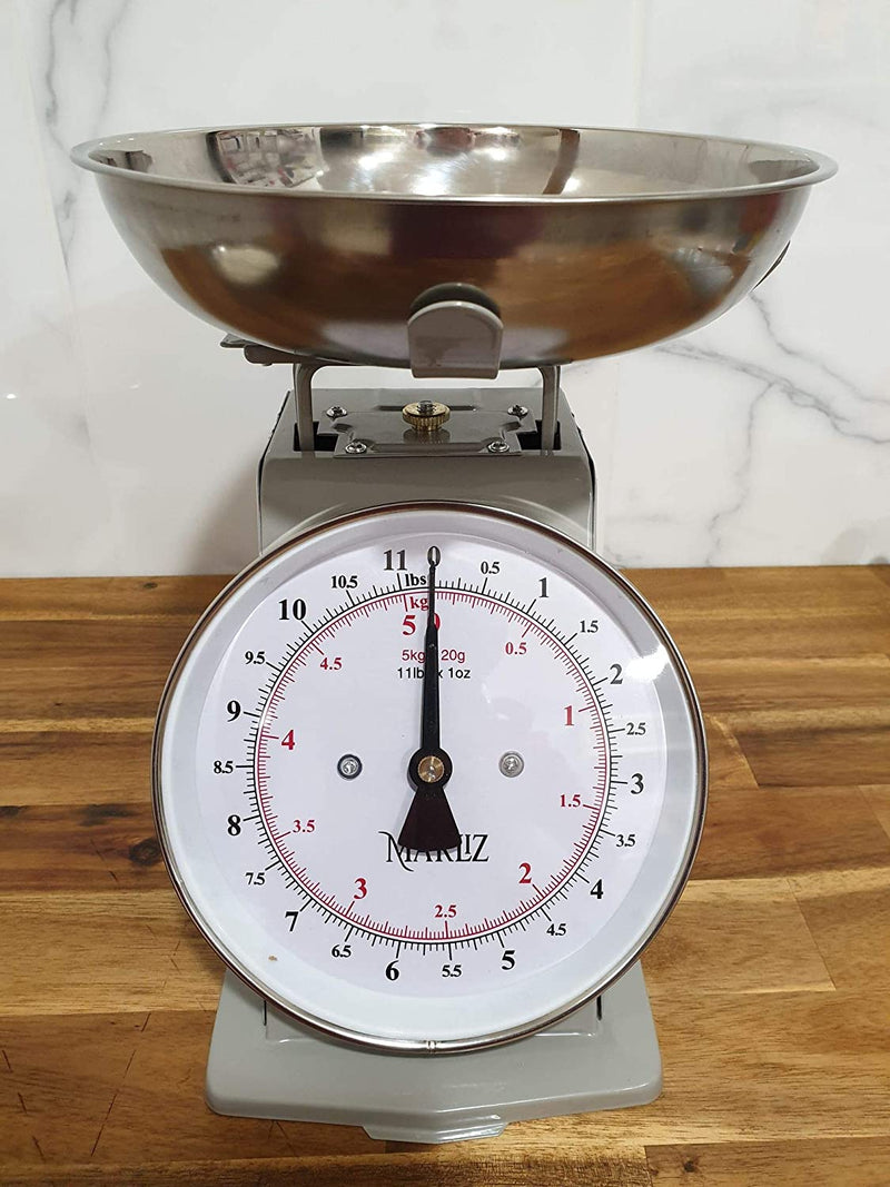 MARLIZ 11 lb/ 5Kg Old Antique Style Mechanical Kitchen Scale with 2 Bowls, Grey