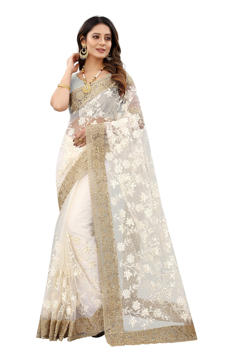 Craftstribe Net Saree White Heavy Resham and Zari Sari With Unstitched Blouse