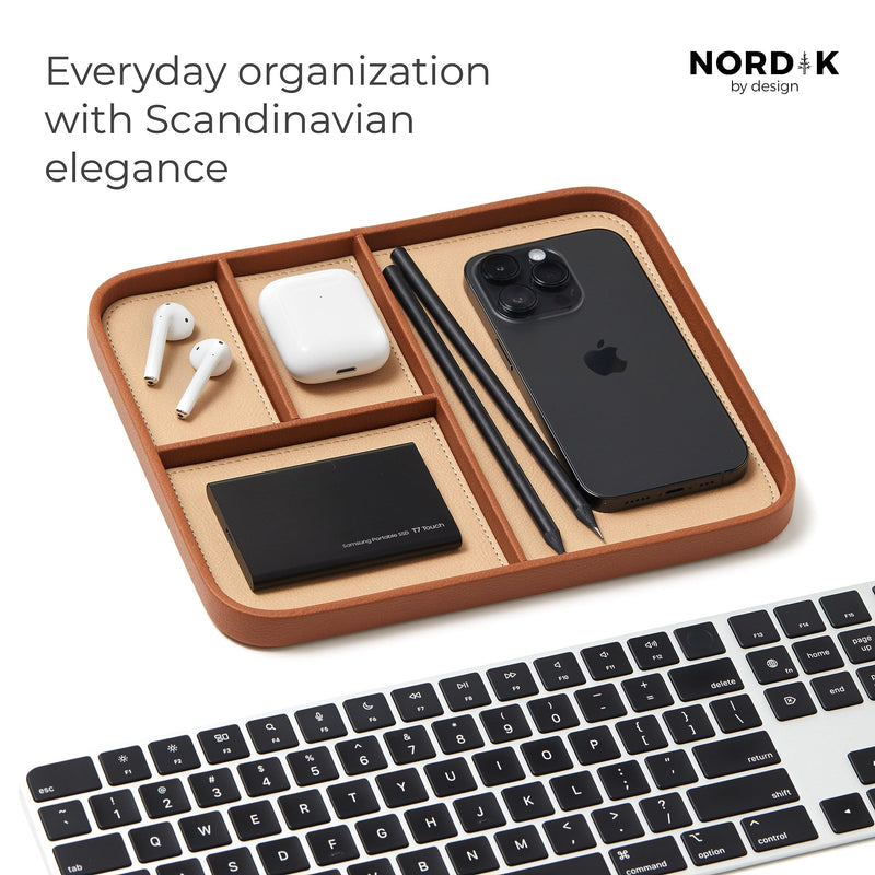 Nordik Leather Valet Tray - Saddle Brown - Premium Vegan Leather Stylish and Organized Nightstand Tray for Men - EDC Catchall Tray for Keys, Watch, Wallet, Jewelry - Modern Bedside Caddy