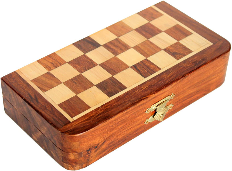 Acacia Wood Foldable Magnetic Chess Game Board with Storage Slots 7 Inch