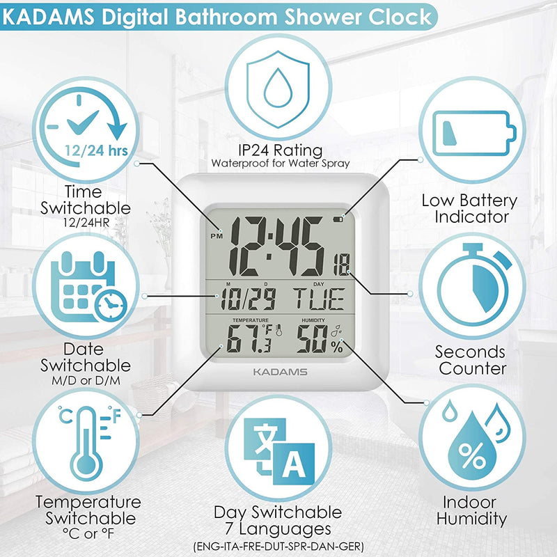 Digital Bathroom Shower Wall Clock Waterproof White