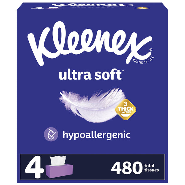 Kleenex Ultra Soft Facial Tissues, 4 Flat Boxes, 120 Tissues per Box, 3-Ply (480 Total Tissues), Packaging May Vary