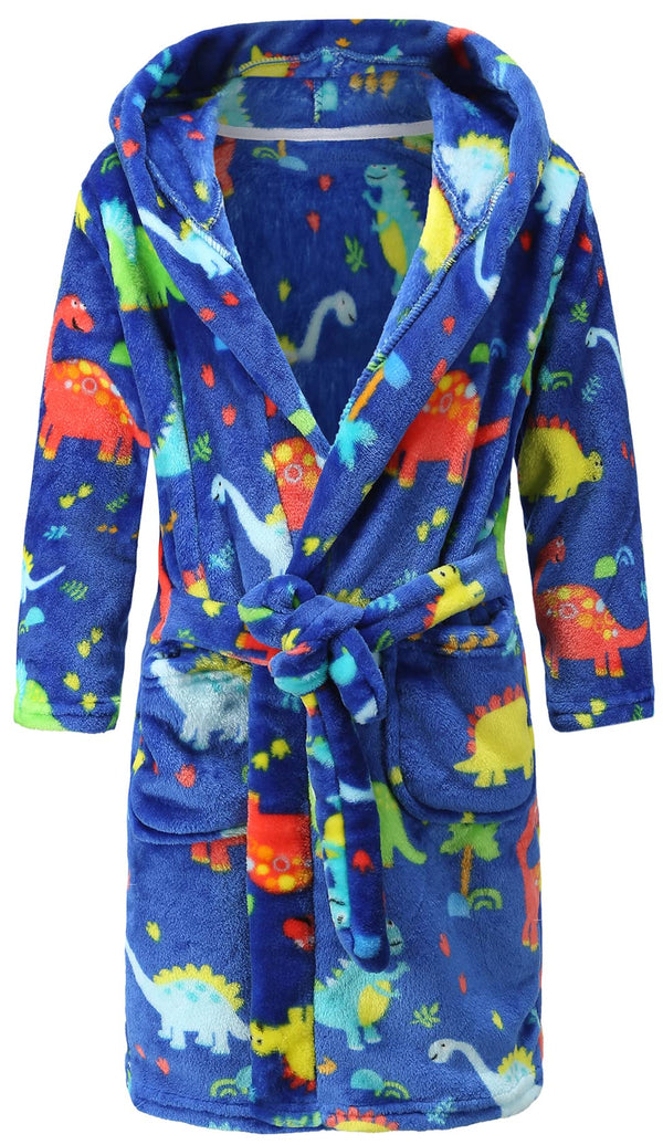 BTPEIHTD Kids Hooded Bathrobe Girls Soft Plush Hooded Flannel Pajamas Sleepwear Boys Spa Robe Blue Dinosaur 7-8 Years